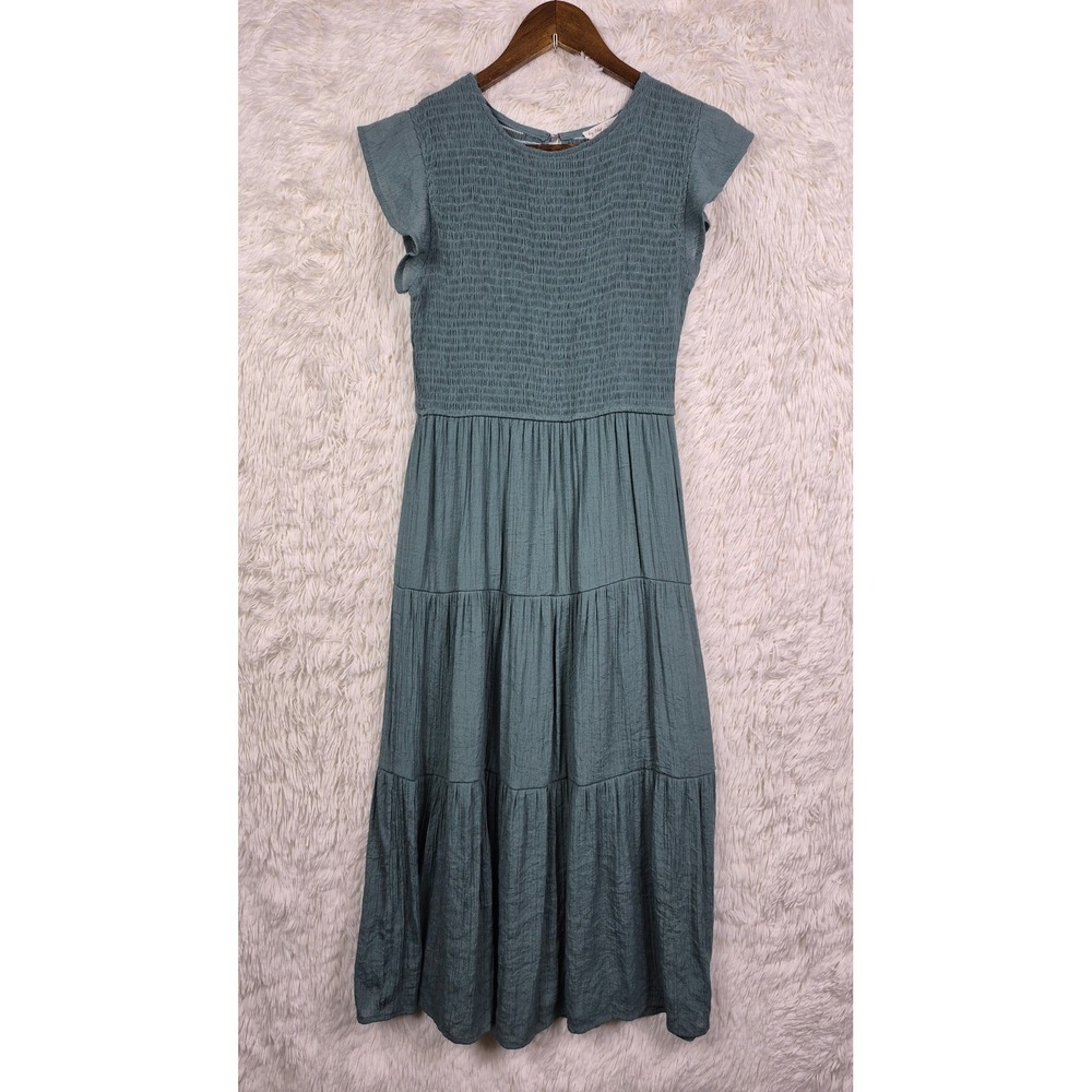 By the River Smocked Tiered Midi Dress Teal Blue Flutter Sleeve Boho Milkmaid Sm